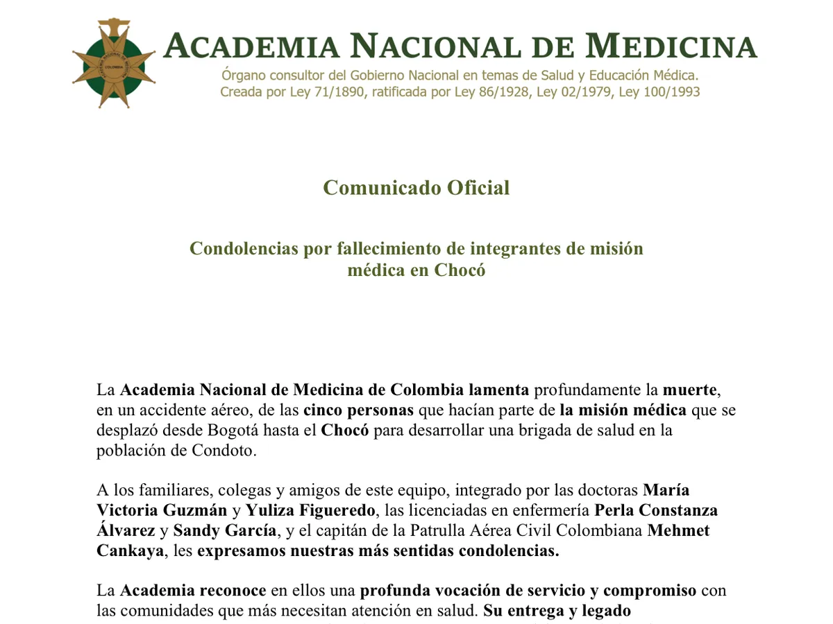 Comunicado oficial de la Academia Nacional de Medicina: condolencias por el fallecimiento de integrantes de misión médica en Chocó.