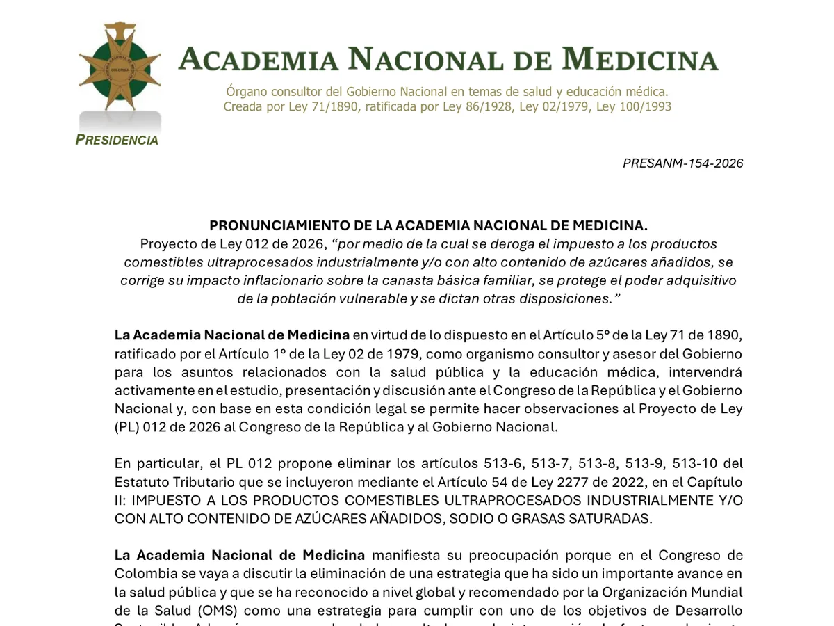 Primera página del pronunciamiento de la Academia Nacional de Medicina sobre el Proyecto de Ley 012 de 2026, que propone derogar el impuesto a los productos ultraprocesados.