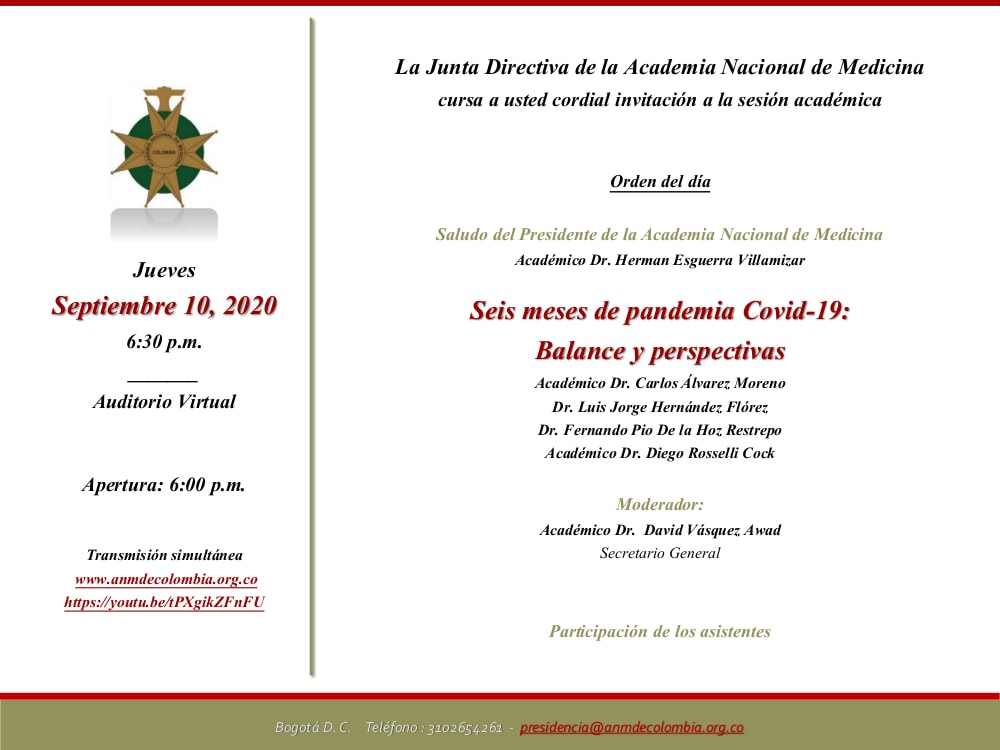 Invitación Sesión Académica Septiembre 10 2020 - Seis meses de Pandemia Covid-19